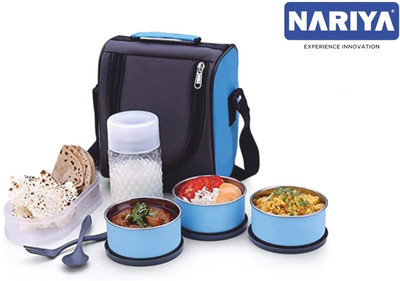 STAINLESS STEEL CONTAINER TIFFIN IN BLUE COLOR LEAK-PROOF LUNCHBOX WITH BOTTLE 3 Containers Lunch Box(1050 ml)
