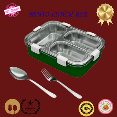 EVARA INTERNATIONAL Lunch Box 3 Compartment Leakproof Stainless Steel With SPOON & FORK_LG324 3 Containers Lunch Box(1010 ml, Thermoware)