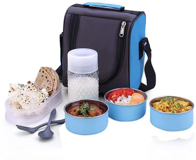 Prayuta 4 in 1 Stainless Steel Lunch Box with Bag & Plastic Bottle and 2 Spoons 4 Containers Lunch Box(1 L)