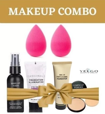 YELGO Makeup fixer & Makeup Primer & Foundation & Compact & Puff 2 pc. 6 items in pack (Pack of 6)(6 Items in the set)