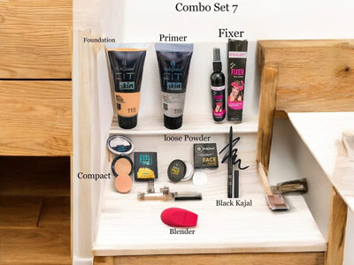 HUDA QUEEN Combo Kit Pack Of 7 Primer,Fixer,Foundation,Blender,Kajal,Compact,Loose Powder(7 Items in the set)