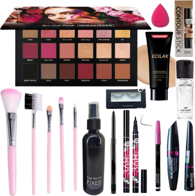 ECILAK Rosegold Eyeshadow, 5Pc Brush set,4in1 combo, Curler, Puff, 4in1 Lip(Pack of 18)