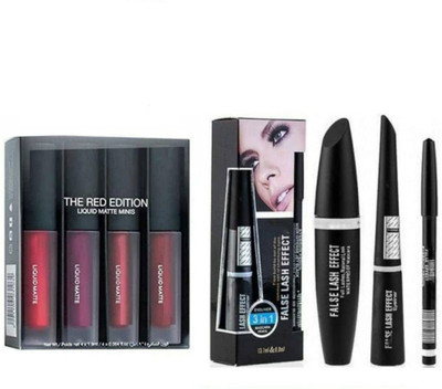 RVLIPS BELLA 4 Shade Mini Red Edition Liquid Lipstick Waterproof Glitter Eyeliner 10 g(5 Items in the set)