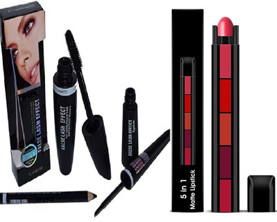 RVLIPS 3 in 1 Combo of Waterproof Eyeliner, Mascara With Kajal, 3ml and 5 in 1 Lipstick(5 Items in the set)