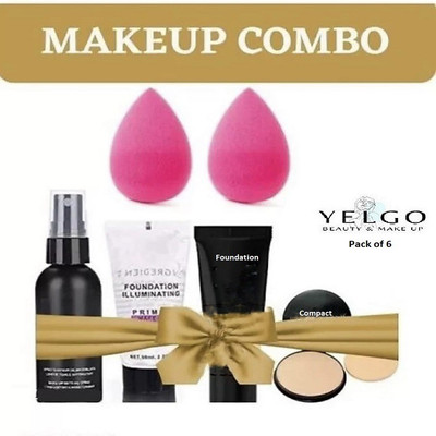 YELGO Makeup fixer & Makeup Primer & Foundation & Compact & Puff 2 pc. 6 items in set(Pack of 6)