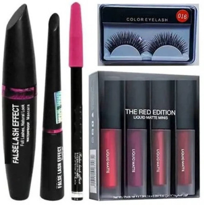 FRIPPE 3 in 1 waterproof Mascara Eyeliner & Kajal with 4 in1 Lipstick and Eyelash(8 Items in the set)