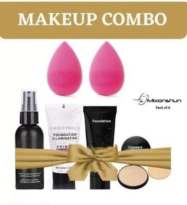 Mixonshun Makeup fixer & Primer & Foundation & Compact Powder & Puff 2 pcs. 6 items in set(Pack of 6)