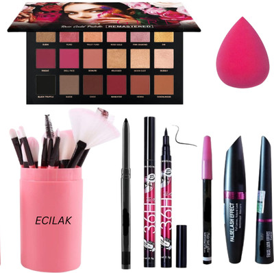 ECILAK Makeup kit Combo Rose gold Eyeshadow Palette,12 Pcs Brush set, 4in 1 combo, Puff(Pack of 18)