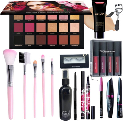 ECILAK Rosegold Eyeshadow, 5Pc Brush,4in1 combo, Puff, 4in1 Lip,Fixer, Base, Eyelash(Pack of 20)