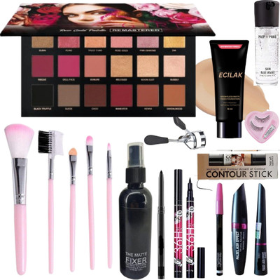 ECILAK Rosegold Eyeshadow, 5Pc Brush,4in1 combo,Foundation,Fixer,Primer,Eyelash,Puff(Pack of 17)