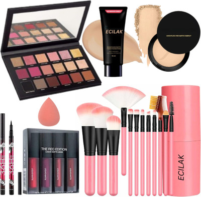 ECILAK Rose gold Eyeshadow, 12Pcs Brush, 4in1 Lipstick, 36H,Powder, Puff, Foundation(Pack of 21)