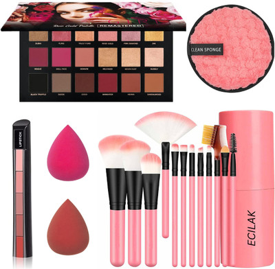 ECILAK Rose gold Eyeshadow Palette,12 Pcs Brush, 5in 1 Lipstick, 2Puff, Clean Sponge(Pack of 21)