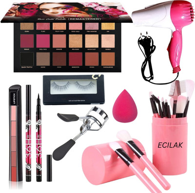 ECILAK Rose Gold Palette, 12Pcs Brush, 5in1 Lipstick, 36H, Puff, Dryer, Eyelash Curler(Pack of 19)