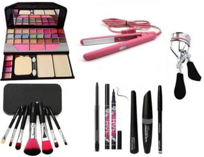 SHISHI Smudge proof Kajal &eyeliner with 3in1 combo +mini straightener ,TVA makeup kit with curler(7 Items in the set)