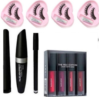 FRIPPE 4 IN LIP+3 IN 1 MASCRA COMBO + 4 HEART EYELASHES WITH GLUE(11 Items in the set)