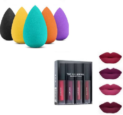 RVLIPS Matte Mini Lipstick Combo Pack Of 4 + Oval blender(5 Items in the set)
