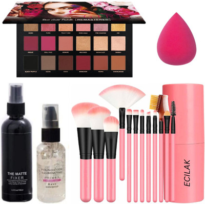 ECILAK Makeup kit Combo Rose gold Eyeshadow Palette,12 Pcs Brush, puff, Fixer, Primer(Pack of 16)
