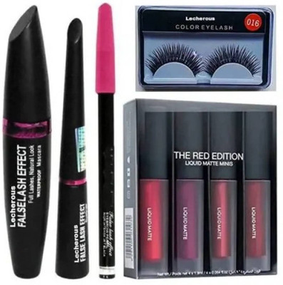 FRIPPE 3 in 1 Mascara Eyeliner & Kajal with 4 in1 Lipstick Waterproof and Eyelashes(7 Items in the set)