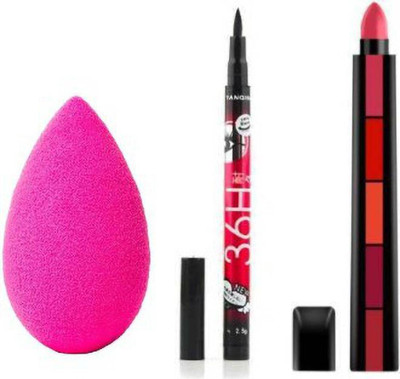 RVLIPS 5in1 Color Creamy Matte fab5 Beauty Lipstick + 36H BLACK EYELINER+BLENDER PUFF(5 Items in the set)