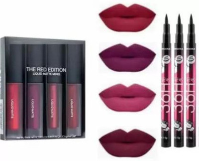 swenky Liquid Matte Lipsticks 4pc red edition plus 3 longlasting eyeliner (red, 33 g)(Pack of 7)