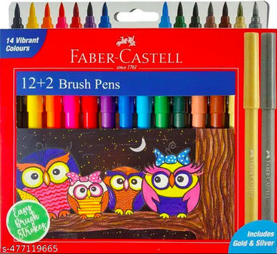 FABER-CASTELL 14 VIBRANT SHADES BRUSH PENS INCLUDE GOLDEN AND SILVER SUPER SOFT BRUSH TIP Nib Sketch Pens  with Washable Ink(Set of 1, MULITCOLOR)