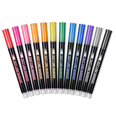 DEZIINE 12 Colors Metallic Marker DoubleLine Outline Marker DIY Paint Marker Pen,2mm Tip(Set of 64, Multicolor)