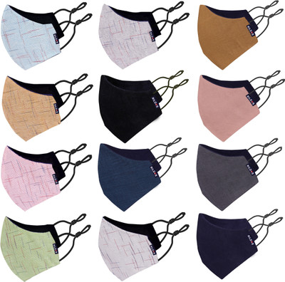 BILDOS 3 Layer Pure Cotton Cloth Mask with Adjustable Ear Loop 12 Pcs Cloth Masks Cloth Mask With Melt Blown Fabric Layer(Multicolor, Free Size, Pack of 12)
