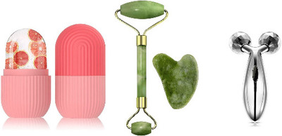 R FASHION Ice Roller,Face Stone Roller with Gua Sha Jade Roller and 3D Massager Roller Set Facial Combo For Skin Eye Body Ice Cube Roller Women Men Massager(Multicolor)