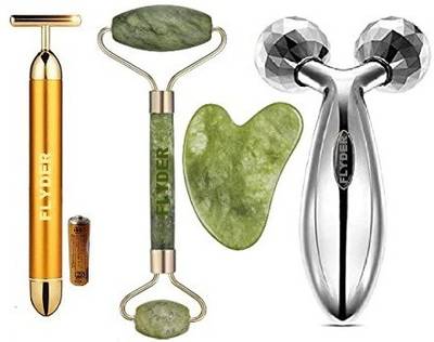 FLYDER Gold Energy Beauty Bar Electric Vibration Facial Massage Roller, T-Shaped Anti Wrinkle Massager, With 3D Manual Roller Face Body Massager With Anti Aging 100% Natural Jade Stone Smooth Facial Roller Massager With Gua Sha Facial Tools.