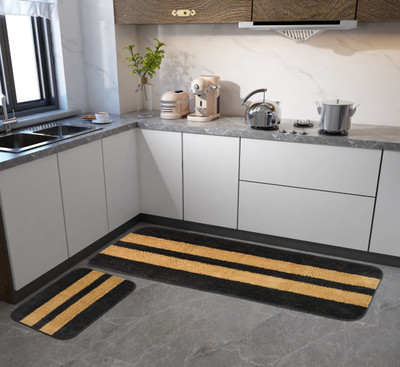 kitchDeco Microfiber Bathroom Mat(Grey with Stripe, Medium, Pack of 2)