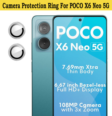 KREZEE Back Camera Lens Ring Guard Protector for POCO X6 Neo 5G [Silver Metal Alloy Camera Ring with 9H Glass] Set of 1(Pack of: 2)