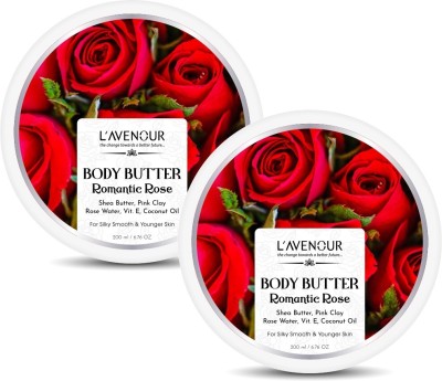 L'avenour Romantic Rose Body Butter | Enriched with Shea Butter, Pink Clay, Rose Water, Vitamin E, and Coconut Oil | Best for Dry Skin, Non-Greasy | Up to 72 hours of Moisturization (Pack of 2)(400 ml)