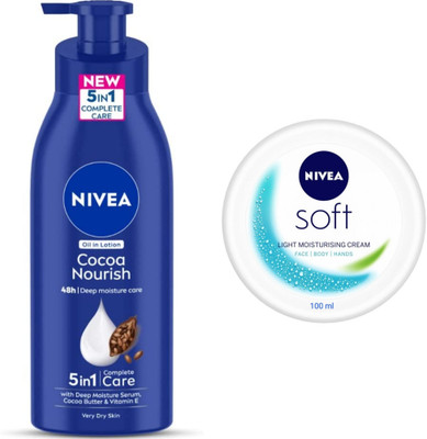NIVEA Cocoa Nourish Body Lotion 400 ML & Soft Light Moisturising Cream 100 ML(500 ml)