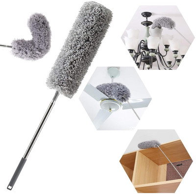 HLIPIH Fan Microfiber Feather Duster with 100 inches Expandable Microfibre Wet and Dry Broom(Grey)