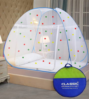 Classic Mosquito Net Polyester Adults Washable Foldable For (LBH-200x200x145 cms)King Size & Double Bed Mosquito Net(Blue border, Tent)