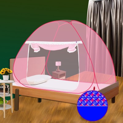SILVER SHINE Polyester Adults Washable Single Bed White Color and Pink Border Polyster foderable Mosquito Net Mosquito Net(Pink, White, Tent)