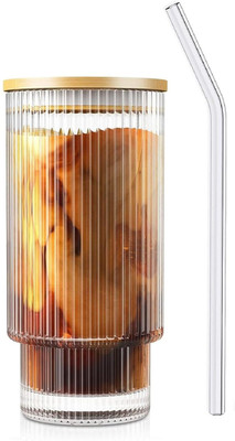 CQZ Ribbed Glass Tumbler with Straw and Bamboo Lid ,Iced Tea Coffee Sipper Glass Mason Jar(300 ml)