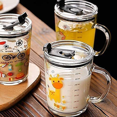 Random Design, Printed Milk Cups for Kids Glass with Straw and Lid Spill Proof Glass Coffee Mug(400 ml)