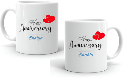LoveGift Happy Anniversary Bhaiya Bhabhi Coffee mug Gift Set Ceramic Coffee Mug(350 ml, Pack of 2)