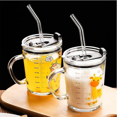 Printed Random Design Glass Cup with Lid and Straw Tumbler Clear Glass Coffee Mug(400 ml)