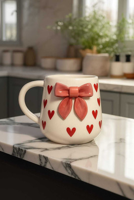 ABC Ceramic Coffee with 3D Bow and Red Heart Design Ceramic Coffee Mug(300 ml)