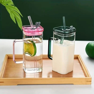 HK4 Glass Sipper Tumbler with Acrylic/Wooden Lid and Straw Glass Tumbler(400 ml)