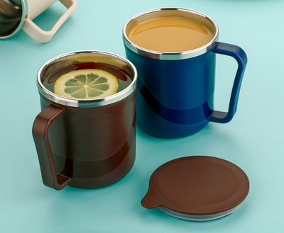 KITNET Coffee with Lid 300ml Double Wall Tea Milk for Home Office Plastic, Stainless Steel Coffee Mug(300 ml, Pack of 2)