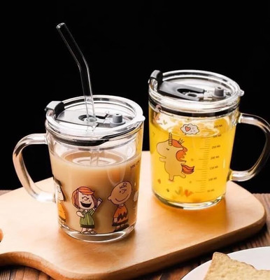Random Design Glass with Straw Glass Coffee Mug(400 ml)