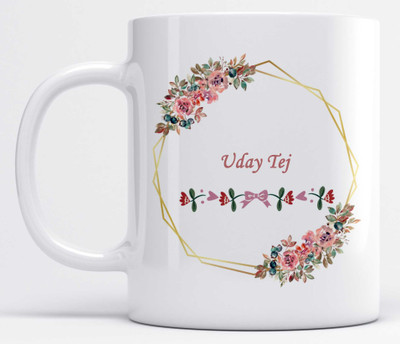 LOROFY Name Uday Tej Printed Pink Floral Design White Ceramic Coffee Mug(350 ml)