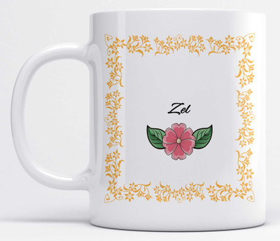 LOROFY Name Zel Printed Orange Frame Design White Ceramic Coffee Mug(350 ml)