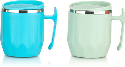 MAGICSPOON New Stainless Steel Coffee with Lid (300 ml) (Pack of 2) (Pista, Sky Blue) Stainless Steel Coffee Mug(300 ml, Pack of 2)