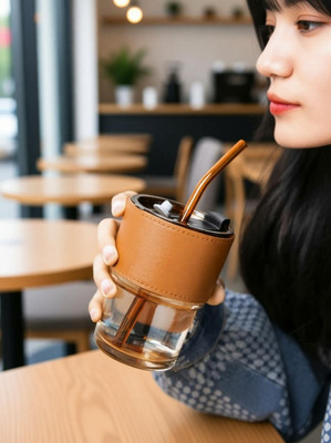 PRO99S Glass Tumbler Cup With Lid and Straw Leather Sleeve For Hot and Cold Beverages Glass Coffee Mug(435 ml)