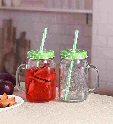 fielrop Glass Mason Jar with Straw and Handle Glass Mason Jar(500 ml, Pack of 2)