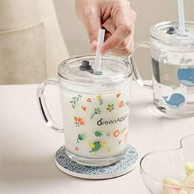 Random Degien Coffees With Leak Proof Lid And Straw With Handle Glass Coffee Mug(400 ml)